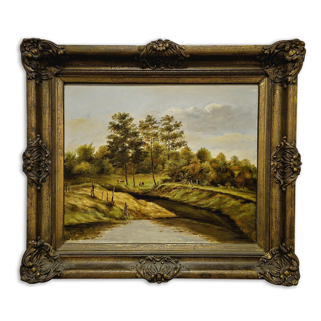 Antique Dutch Landscape Oil Painting, Signed Artwork with Cows, Vintage Rustic Wall Decor, Collectible Pastoral Scene, Golden Ornate Frame