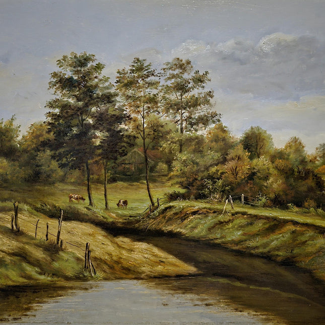 Antique Dutch Landscape Oil Painting, Signed Artwork with Cows, Vintage Rustic Wall Decor, Collectible Pastoral Scene, Golden Ornate Frame