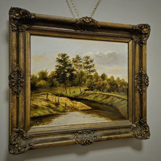 Antique Dutch Landscape Oil Painting, Signed Artwork with Cows, Vintage Rustic Wall Decor, Collectible Pastoral Scene, Golden Ornate Frame