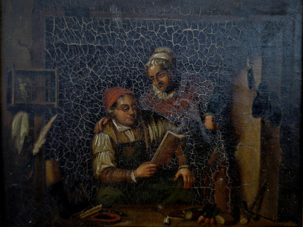 Antique Dutch Moody Oil Painting, 19th Century Artwork, Dark Gallant Scene, Rustic Interior Decor, Collectible Wall Art, Unique Gift Idea