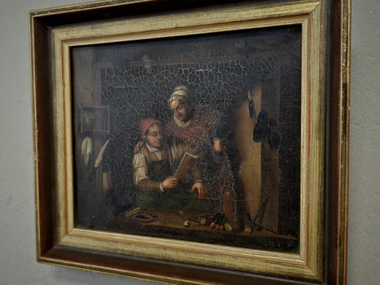 Antique Dutch Moody Oil Painting, 19th Century Artwork, Dark Gallant Scene, Rustic Interior Decor, Collectible Wall Art, Unique Gift Idea