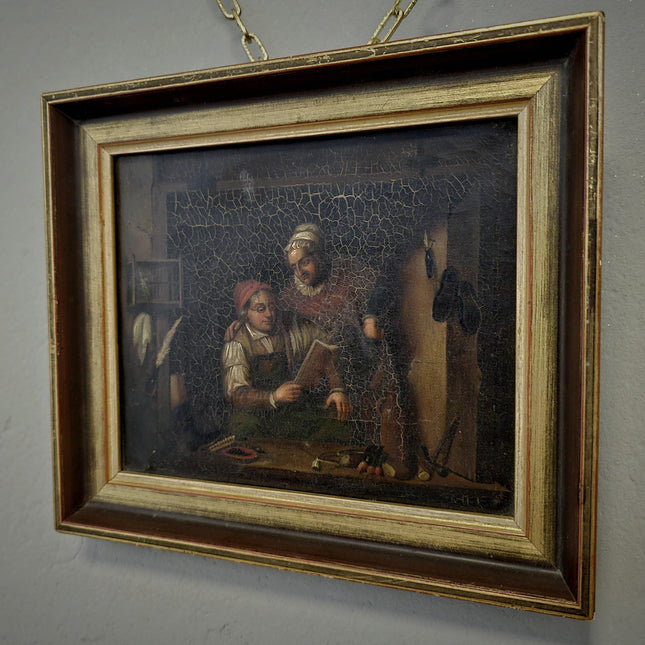Antique Dutch Moody Oil Painting, 19th Century Artwork, Dark Gallant Scene, Rustic Interior Decor, Collectible Wall Art, Unique Gift Idea