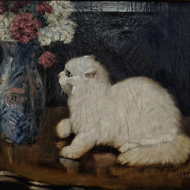 Vintage Large Oil Painting, Artwork with Persian Cat and Floral Still Life, Luxurious Frame, Vintage Wall Art for Elegant Interior Decor