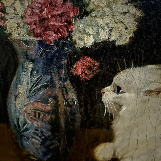 Vintage Large Oil Painting, Artwork with Persian Cat and Floral Still Life, Luxurious Frame, Vintage Wall Art for Elegant Interior Decor