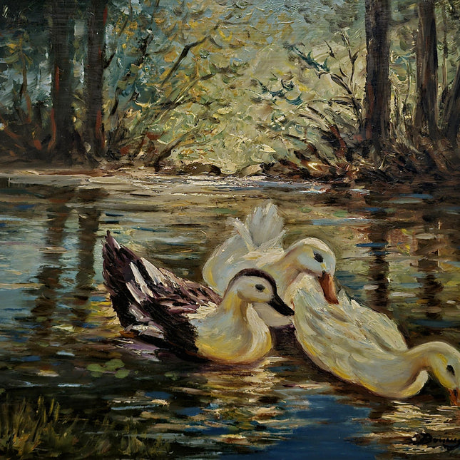 Antique Animal Oil Painting, Ducks on Lake, Swiss Landscape Rustic Wall Art, Signed Original Artwork, Vintage Home Decor, Unique Gift Idea