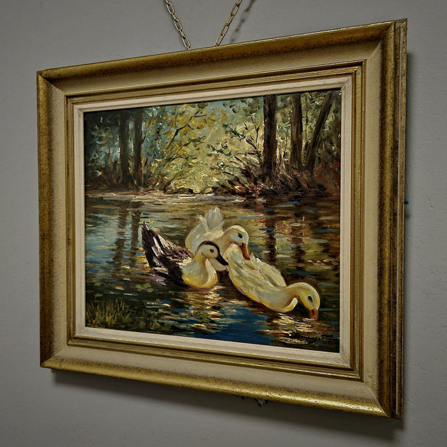 Antique Animal Oil Painting, Ducks on Lake, Swiss Landscape Rustic Wall Art, Signed Original Artwork, Vintage Home Decor, Unique Gift Idea