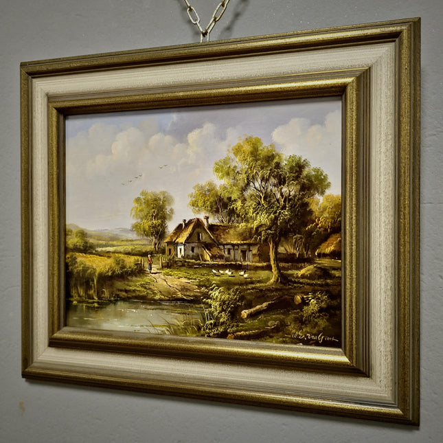 Vintage Hungarian Farmhouse Oil Painting, Signed Rustic Wall Decor
