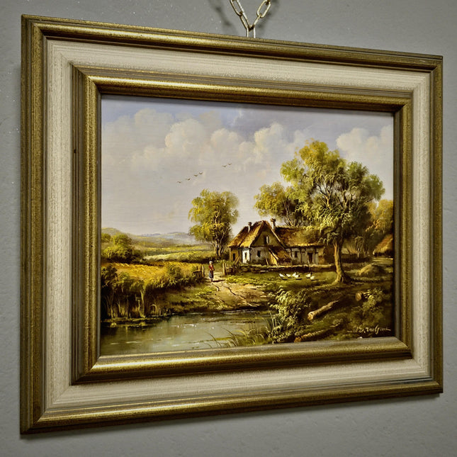 Vintage Hungarian Farmhouse Oil Painting, Signed Rustic Wall Decor