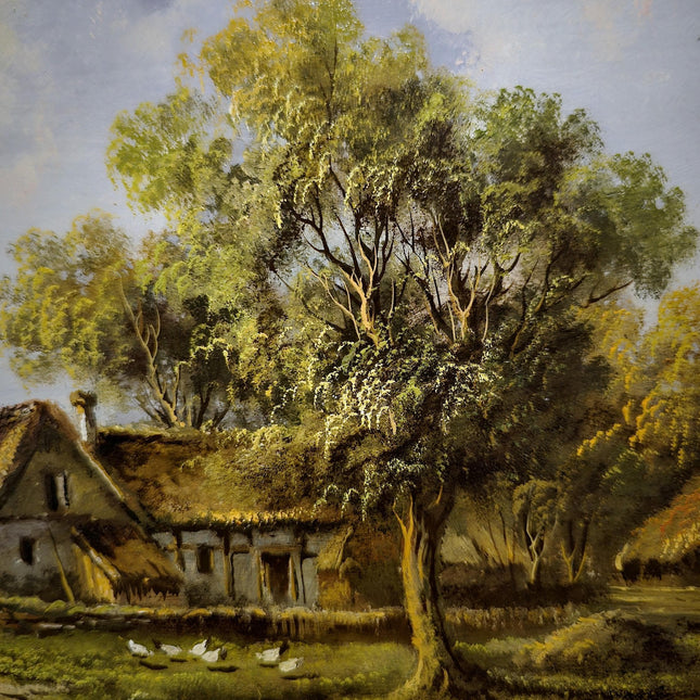 Vintage Hungarian Farmhouse Oil Painting, Signed Rustic Wall Decor