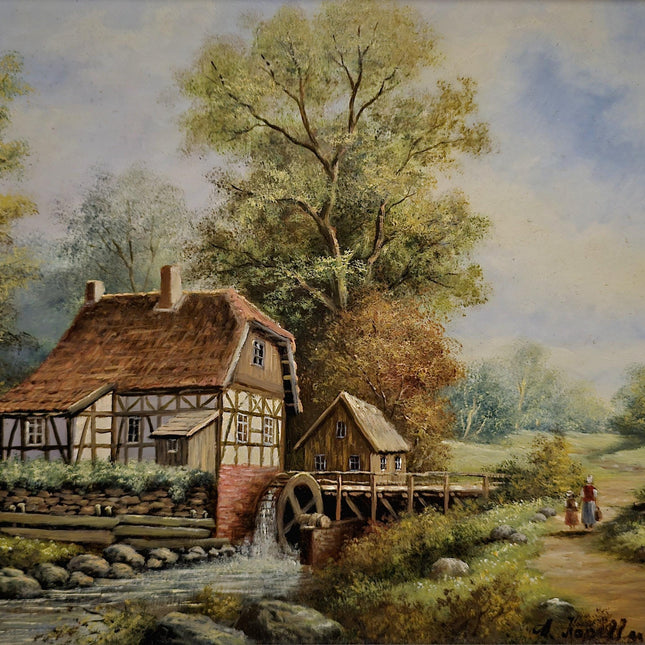Vintage Dutch Landscape Oil Painting, Watermill Scene, Framed Wall Decor