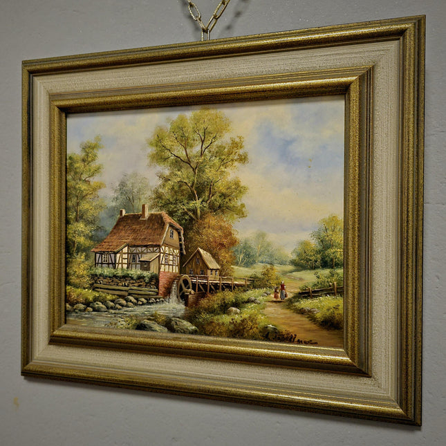 Vintage Dutch Landscape Oil Painting, Watermill Scene, Framed Wall Decor