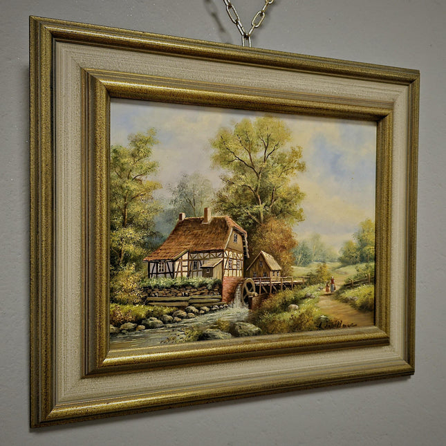 Vintage Dutch Landscape Oil Painting, Watermill Scene, Framed Wall Decor