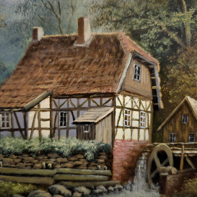 Vintage Dutch Landscape Oil Painting, Watermill Scene, Framed Wall Decor