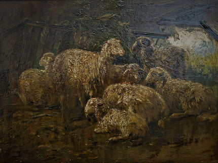 Antique Italian Dark Animal Oil Painting, Moody Farm Scene, European Rustic Wall Art Signed Post-Romantic Artwork on Wood Vintage Gold Frame