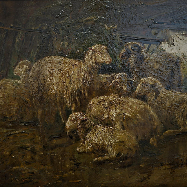 Antique Italian Dark Animal Oil Painting, Moody Farm Scene, European Rustic Wall Art Signed Post-Romantic Artwork on Wood Vintage Gold Frame
