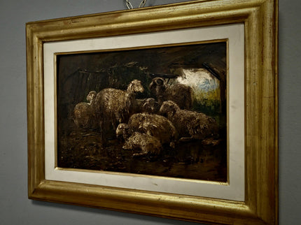 Antique Italian Dark Animal Oil Painting, Moody Farm Scene, European Rustic Wall Art Signed Post-Romantic Artwork on Wood Vintage Gold Frame