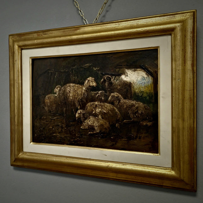 Antique Italian Dark Animal Oil Painting, Moody Farm Scene, European Rustic Wall Art Signed Post-Romantic Artwork on Wood Vintage Gold Frame