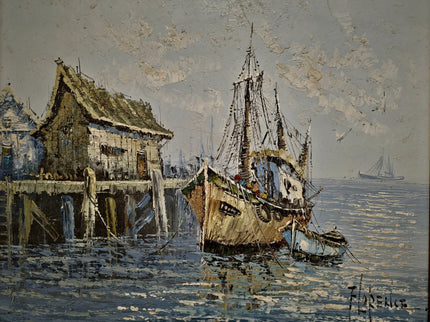 Vintage French Oil Painting, Fisherman's Harbor Marine Art, Signed Framed Canvas