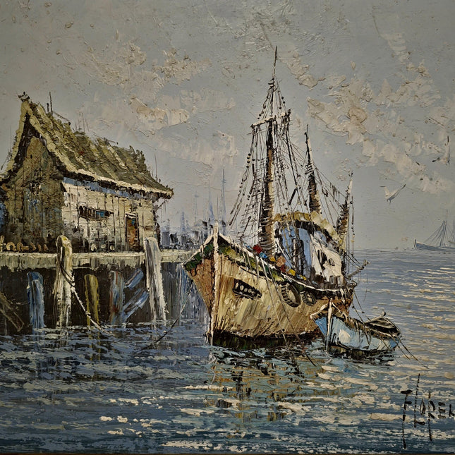 Vintage French Oil Painting, Fisherman's Harbor Marine Art, Signed Framed Canvas