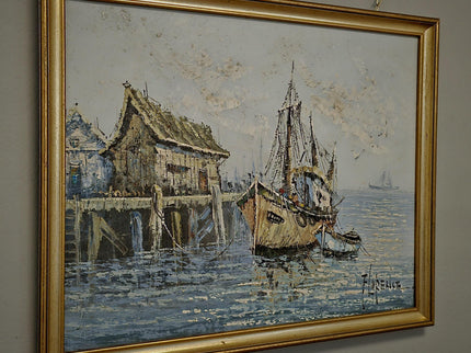 Vintage French Oil Painting, Fisherman's Harbor Marine Art, Signed Framed Canvas