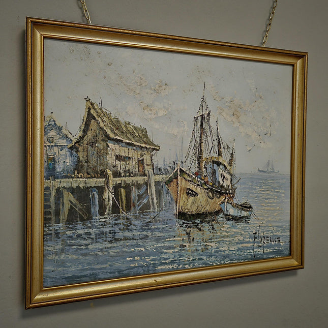 Vintage French Oil Painting, Fisherman's Harbor Marine Art, Signed Framed Canvas