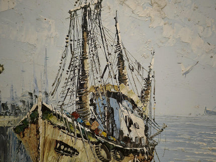 Vintage French Oil Painting, Fisherman's Harbor Marine Art, Signed Framed Canvas