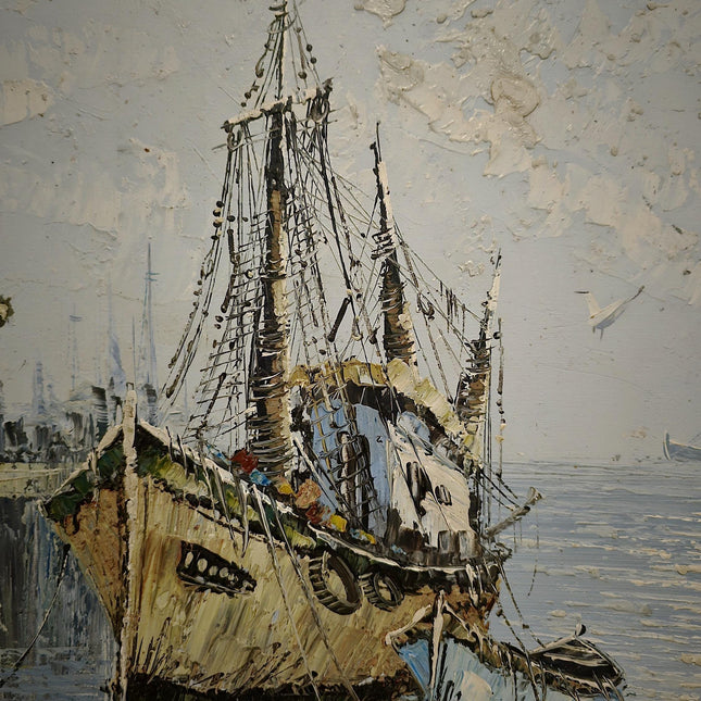 Vintage French Oil Painting, Fisherman's Harbor Marine Art, Signed Framed Canvas