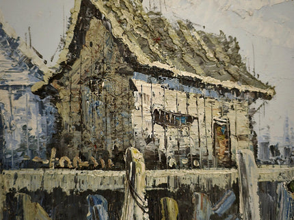 Vintage French Oil Painting, Fisherman's Harbor Marine Art, Signed Framed Canvas