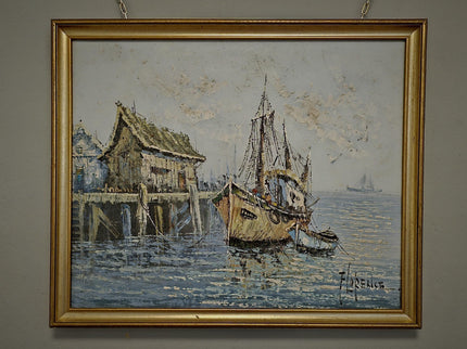 Vintage French Oil Painting, Fisherman's Harbor Marine Art, Signed Framed Canvas