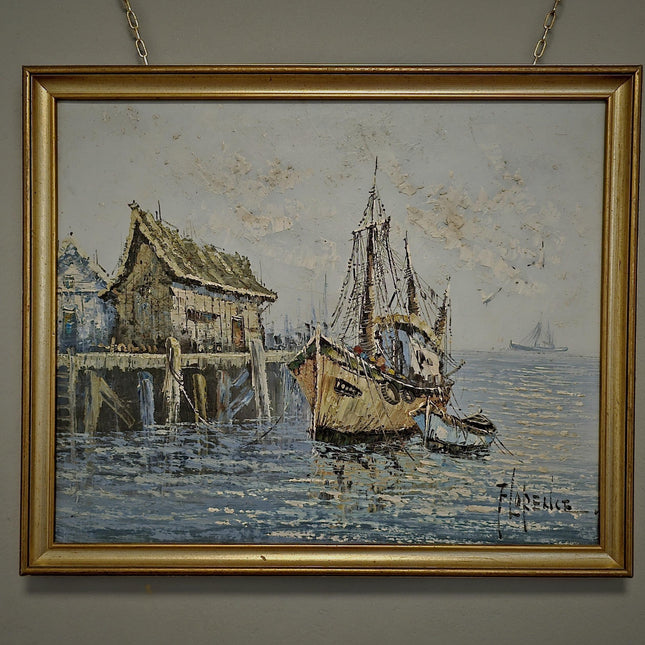 Vintage French Oil Painting, Fisherman's Harbor Marine Art, Signed Framed Canvas
