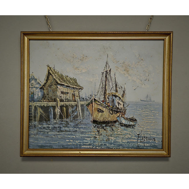 Vintage French Oil Painting, Fisherman's Harbor Marine Art, Signed Framed Canvas