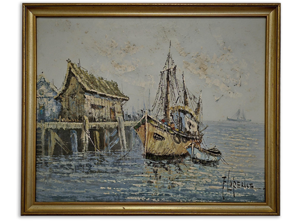 Vintage French Oil Painting, Fisherman's Harbor Marine Art, Signed Framed Canvas