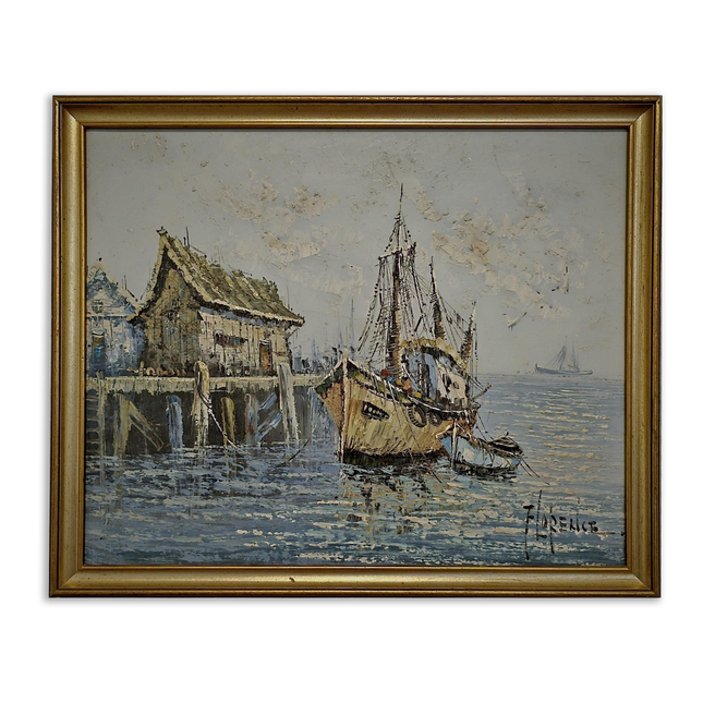 Vintage French Oil Painting, Fisherman's Harbor Marine Art, Signed Framed Canvas
