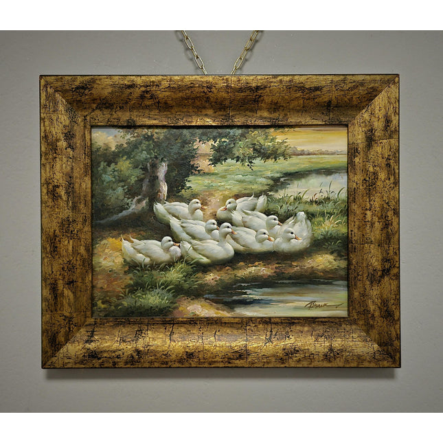 Vintage Dutch Oil Painting, Mid-Century Pastoral Ducks Scene, Framed Nature Artwork, European Original Rustic Wall Art for Home Decor