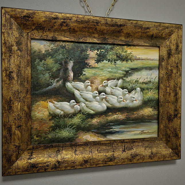 Vintage Dutch Oil Painting, Mid-Century Pastoral Ducks Scene, Framed Nature Artwork, European Original Rustic Wall Art for Home Decor