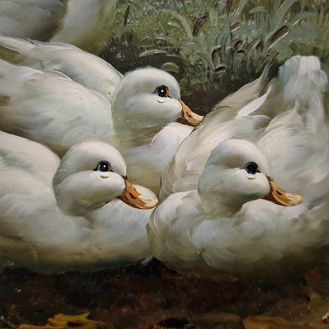 Vintage Dutch Oil Painting, Mid-Century Pastoral Ducks Scene, Framed Nature Artwork, European Original Rustic Wall Art for Home Decor