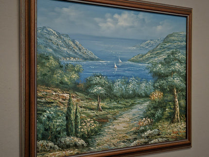 Vintage French Seascape Oil Painting, Coastal Nautical Art, Signed Framed Canvas