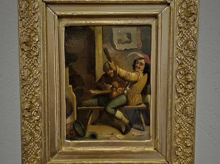 Dutch Antique Tavern Scene Oil Painting Framed, 19th Century European Dark Genre Classic Baroque Art, Old Master Collectible Art