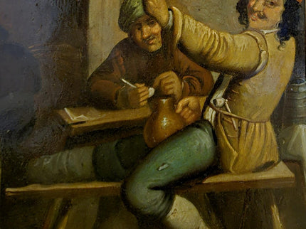 Dutch Antique Tavern Scene Oil Painting Framed, 19th Century European Dark Genre Classic Baroque Art, Old Master Collectible Art
