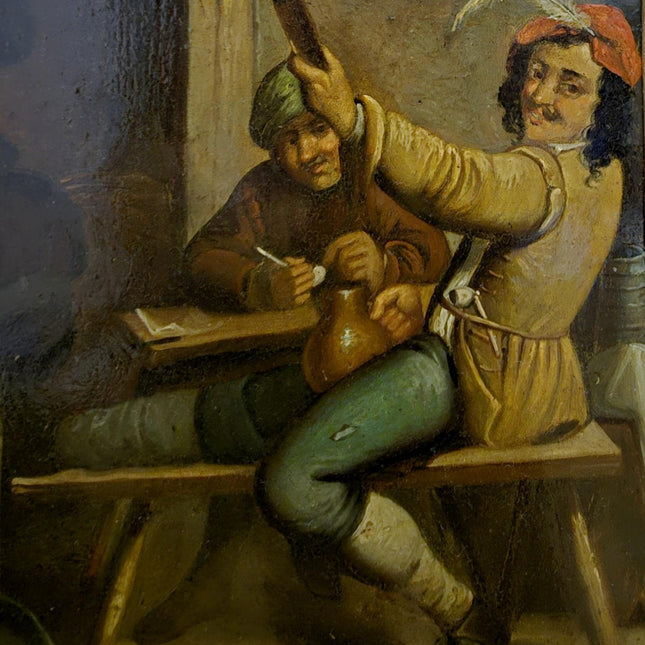 Dutch Antique Tavern Scene Oil Painting Framed, 19th Century European Dark Genre Classic Baroque Art, Old Master Collectible Art