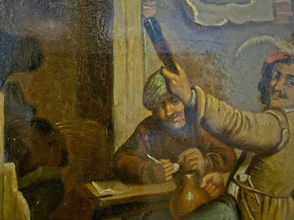 Dutch Antique Tavern Scene Oil Painting Framed, 19th Century European Dark Genre Classic Baroque Art, Old Master Collectible Art