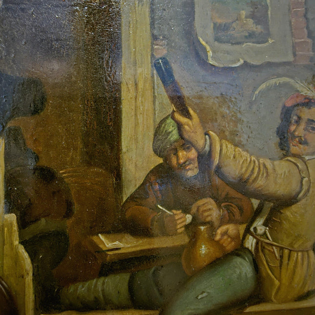 Dutch Antique Tavern Scene Oil Painting Framed, 19th Century European Dark Genre Classic Baroque Art, Old Master Collectible Art