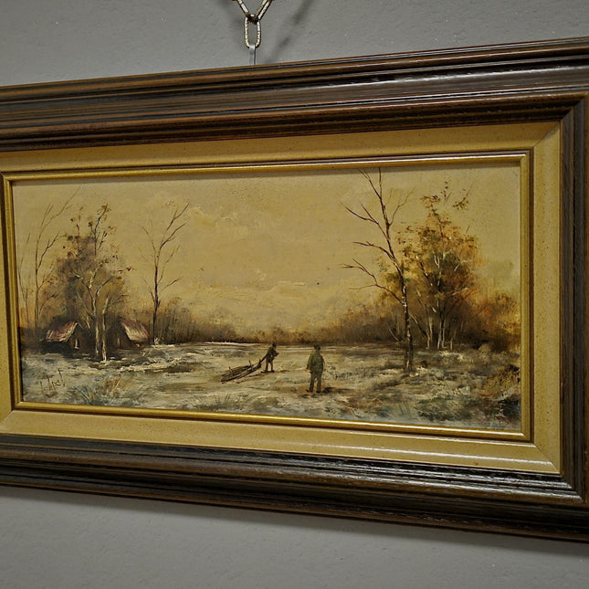 Vintage Dutch Dark Moody Winter Landscape Oil Painting, Signed Snowy Farm Scene Artwork, Framed Fine Art European Original Rustic Wall Decor