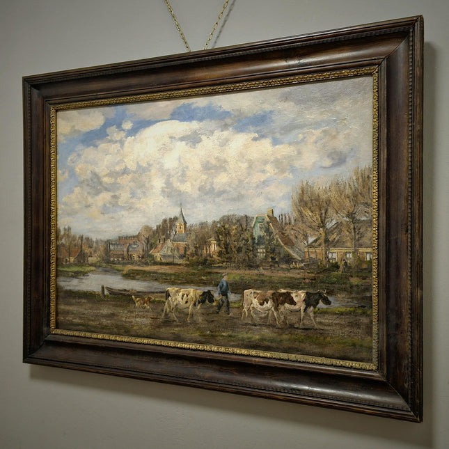 Antique Large Dutch Landscape Oil Painting, Signed Artwork, European Home Decor, Vintage Framed Wall Art, Collectible XXL Rural Scene