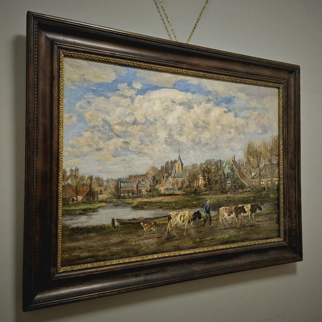 Antique Large Dutch Landscape Oil Painting, Signed Artwork, European Home Decor, Vintage Framed Wall Art, Collectible XXL Rural Scene