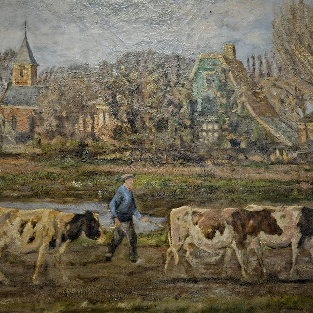 Antique Large Dutch Landscape Oil Painting, Signed Artwork, European Home Decor, Vintage Framed Wall Art, Collectible XXL Rural Scene