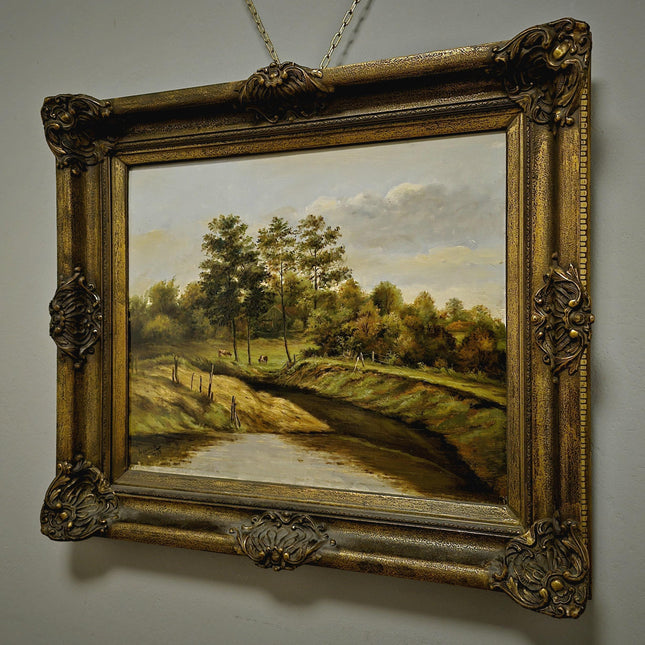 Antique Dutch Landscape Oil Painting, Signed Artwork with Cows, Vintage Rustic Wall Decor, Collectible Pastoral Scene, Golden Ornate Frame