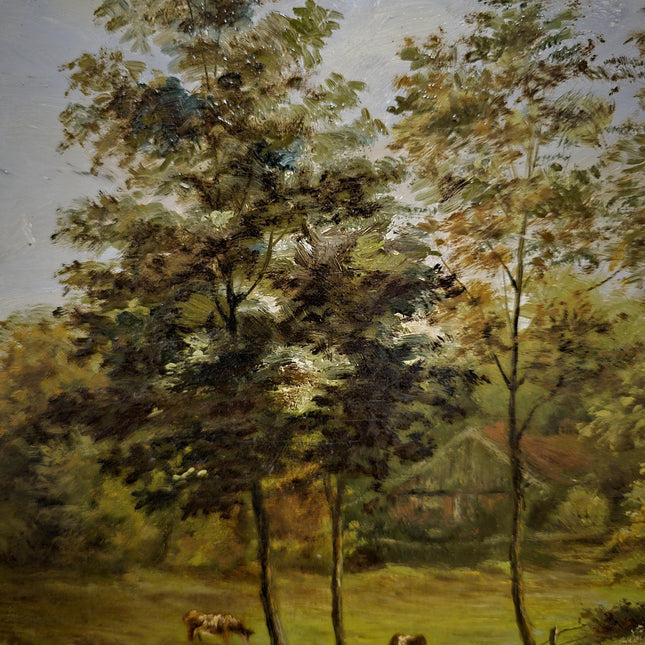 Antique Dutch Landscape Oil Painting, Signed Artwork with Cows, Vintage Rustic Wall Decor, Collectible Pastoral Scene, Golden Ornate Frame