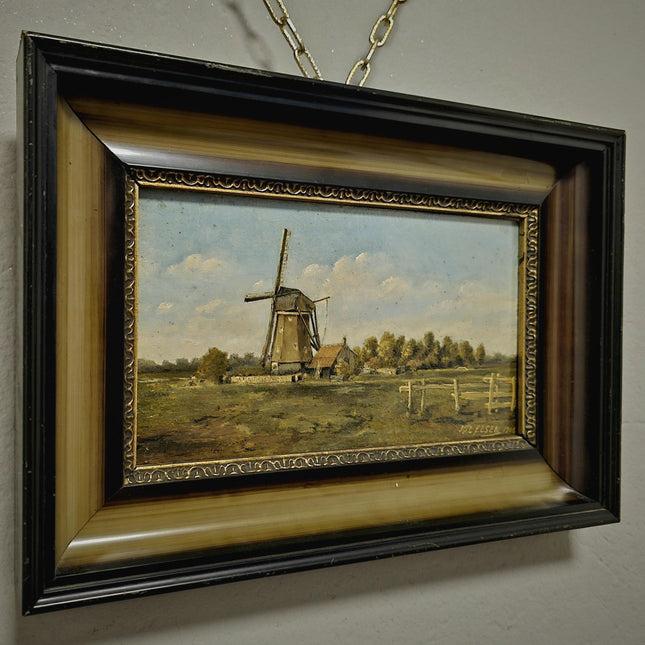 Antique Dutch Oil Painting, Original Dark Moody Windmill Landscape, Signed Artwork Vintage European Rustic Art Collectible Framed Wall Decor
