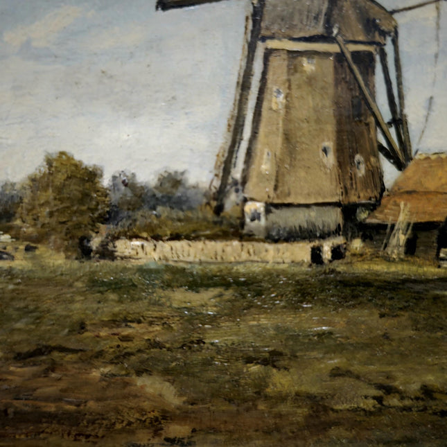 Antique Dutch Oil Painting, Original Dark Moody Windmill Landscape, Signed Artwork Vintage European Rustic Art Collectible Framed Wall Decor